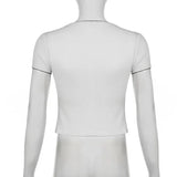 Contrast Bandage Jacquard Cropped Top Women Coquette Aesthetic Short Sleeve T-shirt Summer Casual Cute Tees Girls-Outfit