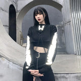 Goth Metal Chain Print Cropped Black Fashion Goth Hoodie Women 2022 Punk Techwear O-Neck Reflective Tops Emo Autumn