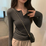 U-Collar Half-Breasted Thread Bottomed Shirt Women's Spring And Autumn New Shoulder Long-Sleeved T-Shirt With Solid Color Underwear-Outfit