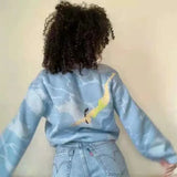 Korean Women Sweater Wave Print Causal Knitted Pullovers Female Jacquard Loose Blue Tops 2021 Autumn Winter Oversized