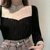 Black Blouse Women Clothes Lace Velvet Tops Fashion Korean Vintage Shirt Blusas Mujer De Moda Elegant Stand Neck