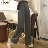 Gray Women Suit Pants High Waist Casual Wide Leg Pants Office Ladies Formal Loose Trousers Pockets Zipper Pantalon