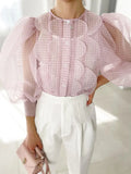 VAREY LIN Summer Japan Style Tops Women See Through Puff Sleeve Sweet Shirt Single Breasted Plaid Chiffon Patchwork