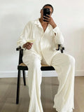 Causal Loose Home Suit Long Sleeve Blouse With High Wasit Pants Set Women Elegant Pleated Beige 2 Piece Pant