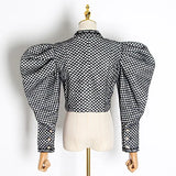 Plaid Coats For Women Butterfly Collar Puff Long Sleeve Ruched Short Streetwear Jackets Female 2023 Autumn Clothes
