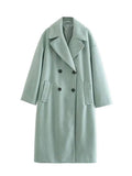 Women Double Breasted Woolen Coat Lapel Collar Long Sleeves Solid Long Wool Coat Winte Fashion Warm Loose Woolen