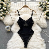 Summer Lace Sexy Bodysuits Women V Neck Strap Black Palysuits French Ladies Fashion Bodycon Slim