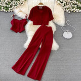Vintage Women Three Pieces Set Elegant V-Neck Short Blouse + Strap Camis + Wide Leg Pants Suit Green/Red/Yellow Spring Fall
