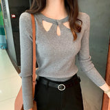 Hollow Out Pullover Women Sweater O-neck Slim Stretch Sexy Solid Color Sweater Autumn Winter Slim Bottoming Tops