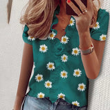 Boho Floral Print Slim Shirt Office Lady Retro Tops Women Casual Short Sleeve Sexy V-neck Ruffles Blouse 2022
