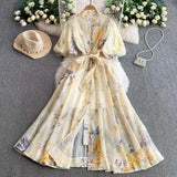 Retro-Print Collar Bubble-Sleeved Dress Women's Summer Straps To The Waists To Show A Thin Swollen