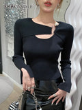 Korean Fashion Cut Out Sweater For Women Round Neck Long Sleeve Solid Minimalist Knitting Pullover Female
