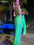 Sexy Green Pants Set Bodycon Long Sleeve Blazer + Bra 3 Piece Sets Womens Outfits Elegant Slim Hollow Out Trouser