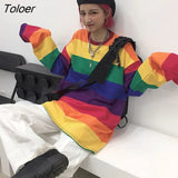 Women's Rainbow Striped T-shirt Long-sleeved Spring Autumn New Style Korean Student Loose Fashion Top Oversize Kawaii