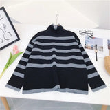 Autumn Winter Style French-o High-neck Striped Thick Loose Knit Sweater Jacket Women High Street Sweaters for