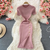 Version Of The Solid Color Collar Buckle Body Short Sleeve Elastic Knitted Forked And Left-Sleeved Dress