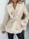 Fur Patchwork PU Leather Jacket Women Fashion Contrast Color Plush Collar Winter Warm Cardigan with Belt Outwear 2023-Outfit
