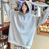 Thick Hoodies Women Autumn Winter Cute Rabbit Ears Zipper Cardigan Hooded Jacket Loose Korean Kawaii Hoodie Womens