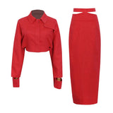 Solid Casual Two Piece Set For Women Lapel Collar Long Sleeve Short Top High Waist Slim Skirt Female 2022