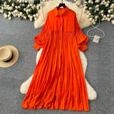 Retro Casual Dress Women's 2025 Spring Folding Lantern Sleeve Casual Loose Single-Dripple Shirt Long