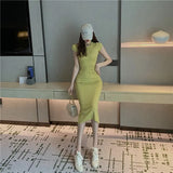 Short Sleeve O-Neck Stretchy Split Dress Women Solid Casual Elegant Robe Bodycon Maxi