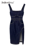 Streetwear Denim Midi Dress For Women Square Collar Sleeve High Waist Solid Patchwork Split Sling Dresses