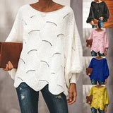 Loose Knitted Sweater Casual Oversized Soft Lantern Sleeve Hollow Out Pullover Fashion O-Neck Solid Female Sweaters