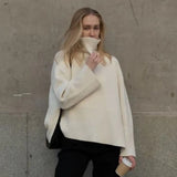2022 Autumn Winter Oversized Knitted Pullover Women Turtleneck Long Sleeve Khaki Striped Loose Sweater Casual
