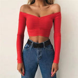 T-shirts sexy and club fashion female T-shirt long sleeve off shoulder solid color lady Tshirt autumn basic