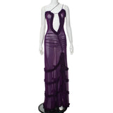 Toloer Women's New Sling With Hollow Out Pleated Lace Slit Dress