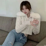 Women Autumn Long Sleeved Hoodie Cardigan Fluffy Plush Patchwork Pompom Drawstring Sweater Coat Solid Color Slim White