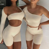 Casual Sports Hollow Out Skinny Fitness Shorts Jumpsuit Women Fashion Asymmetry Long Sleeve Workout Slim Soft Jumpsuit-Outfit