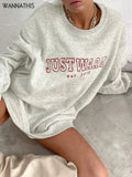 Letter Embroidered Sweatshirt Women Loose Casual Long Sleeve Pullover Autumn Grey Cotton Daily Wear Oversized Top
