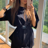 Biker Shorts Tracksuit 2 Pieces Set Female Solid Sets With Belt Half Sleeve 2021 Summer Streetwear Loose Casual New