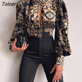 Women Sexy Backless Hollow Print Shirts Fashion Party Crop Top 2023 Spring Casual Stand Long Sleeve Office Lady Blouses And