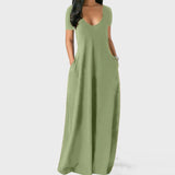 Casual Long Dress Summer 11 Colors Solid Short Sleeve Maxi Dresses Fashion Pocket V-neck Female Loose Dress Robe