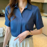 Femme Short Sleeve Women Tops Blouse Women Blusas Mujer De Moda 2021 Turn Down Collar Chiffon White Blouse Shirt