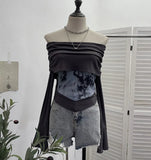 Shooting Maillard Wasteland Wind Word Shoulder Long-Sleeved Top Print Spliced Knitted Horn Sleeve Short T-Shirt