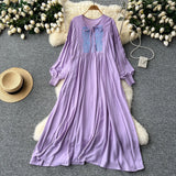 Industry Embroidery Loose Holiday Dress Women Large Size Show Lean Meat Sweet Tie With Round Lantern Sleeve