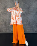 Sets Loose Long Sleeve Printed Shirt Two Piece Set Women Elegant Lapel Top Suits Female Split End Wide Leg Pants Outfits-Outfit