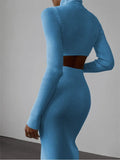 Autumn Sexy Solid Ribbed 2 Two Piece Sets Club Outfit For Women 2023 Long Sleeve O Neck Crop Top And Skirt Sets