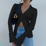 White Solid V Neck Ribbed Shirts Female Button Up Slim Casual Tops And Blouses V Neck Long Sleeve Basic Autumn