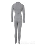 Women Two Piece Sets Pant Set Splice Round Neck Full Sleeve Short Tops Solid Elastic Waist Sheath Long Pants Slim Fit 2024-Outfit