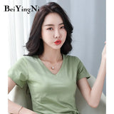 Cotton V-neck Tshirt Female Korean Hipster Basic Short Sleeve T-shirt Women Harajuku Casual Vintage Tee Shirts
