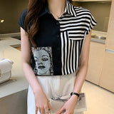 fashion iron diamonds ladies shirts women's blouses 2021 summer patchwork striped shirts blouse sleeveless Blusas