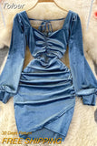 Autumn Winter Velvet Dress for Women Sexy Chain Criss Cross V-neck Long Sleeve High Waist Folds Mini Party Dress
