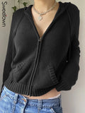 Vintage Brown Solid Hooded Y2K Sweaters Women Autumn Winter Lantern Sleeve Zip Up Jacket Cardigan Knitted Hoodies