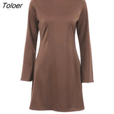 Satin Graceful A-Line Women's Dress Spring O-Neck Office Lady Glossy Flare Sleeve Mini Dress Casual Plain Soft Female