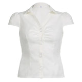 New Summer Women's Wear Small Pleated Leisure Buckle Solid Color Simple Back Strapped Short-Sleeved Shirt-Outfit