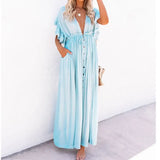 Beach Maxi Dress Women Deep V Neck Backless Ruffles Short Sleeve Dresses Casual Pleated Drawstring Party Long